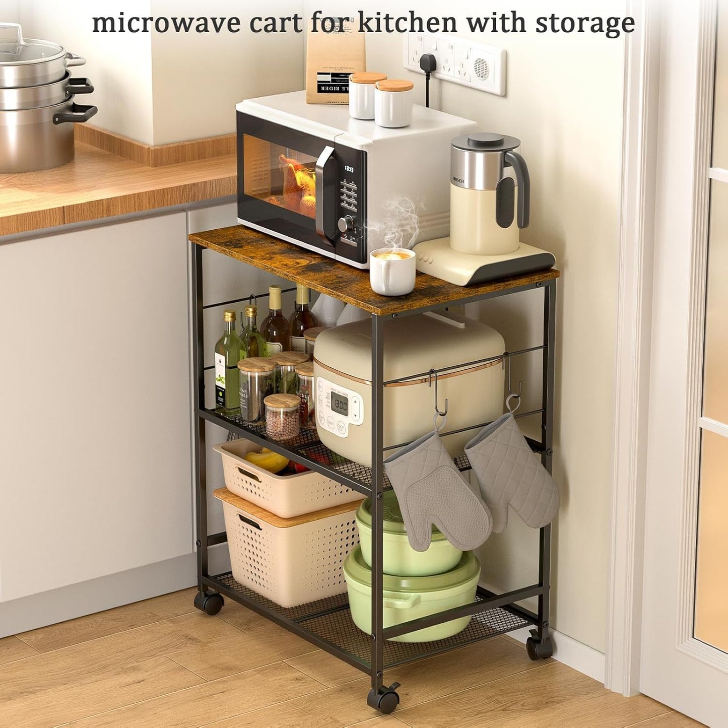 3-Tier Rolling Kitchen Microwave Cart with Storage, Utility Cart on Lockable Wheels, Coffee Cart Shelf Organizer for Living Room, Office, Balcony