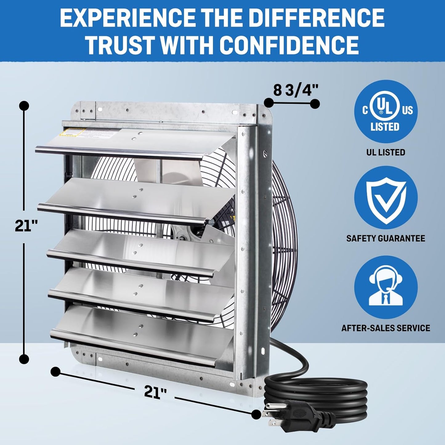 18" Wall Mounted Shutter Exhaust Fan with Automatic Shutter, Thermostat, Variable Speed, 1736CFM, 2600 SQF Coverage, Silver
