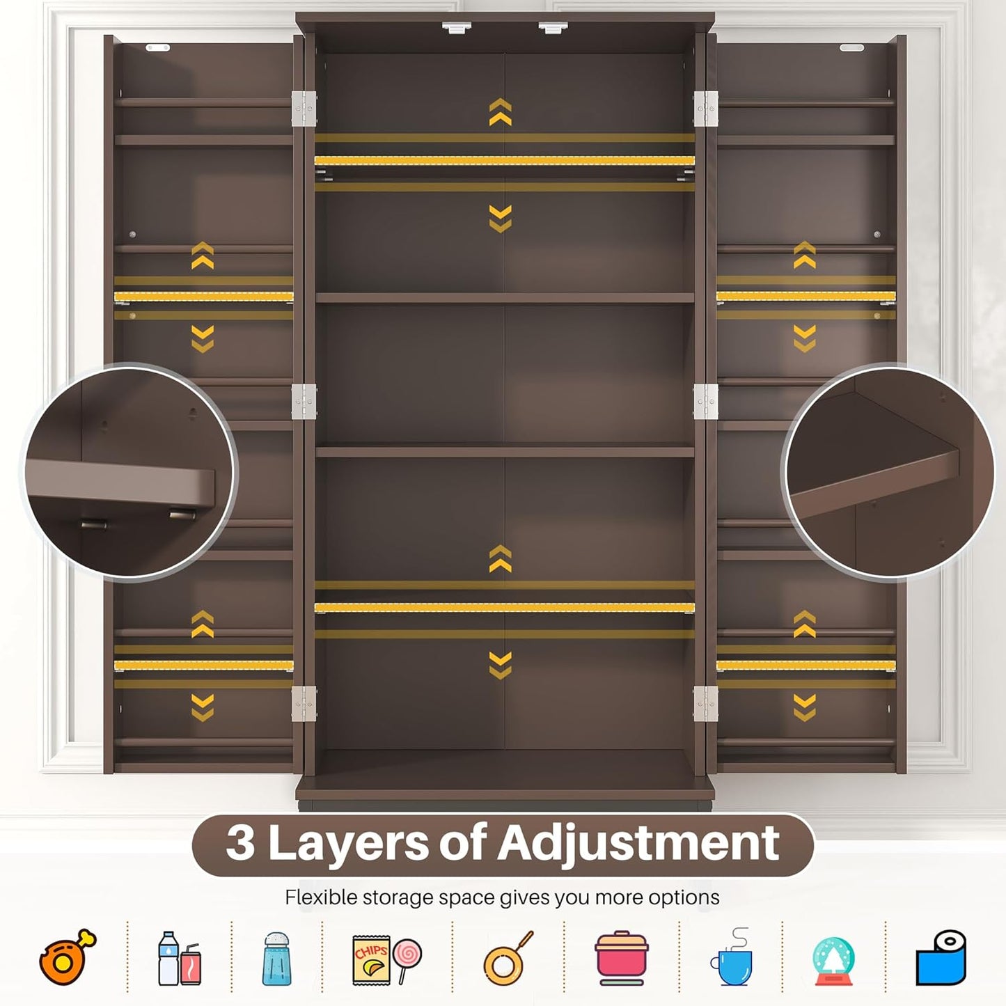 51" Brown Freestanding Pantry Cabinet with Adjustable Shelves, Buffet Storage Cupboard for Kitchen and Home Office