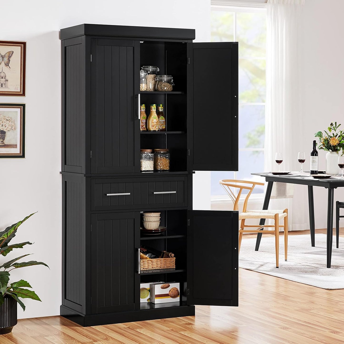 72.5" Black Freestanding Pantry Cabinet with Drawer and 2 Adjustable Shelves for Kitchen, Dining, Bathroom, Hallway