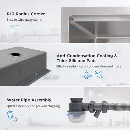 27-Inch Undermount Single Bowl Stainless Steel Kitchen Sink with Quiet Drain, 11-Gauge, Integrated Workstation Set