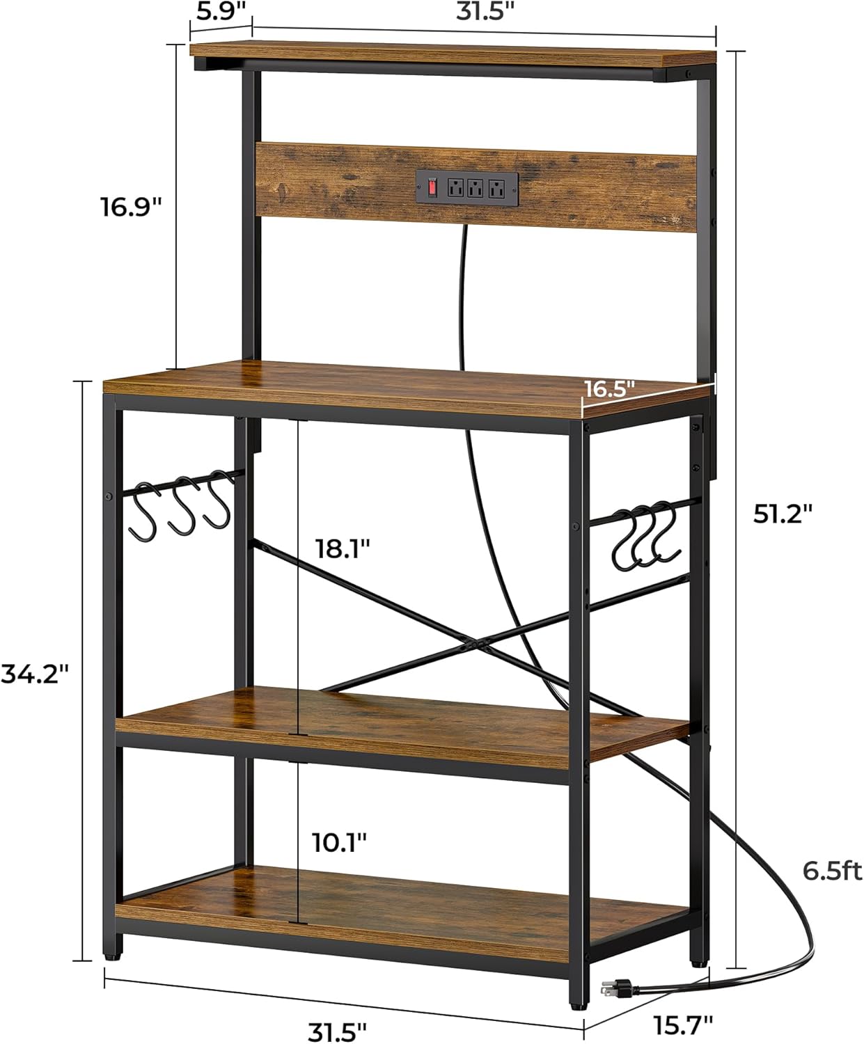 Bakers Rack with Power Outlets, 31.5x16.5 Inch Desktop, Adjustable Shelf, 6 Hooks, Rustic Brown