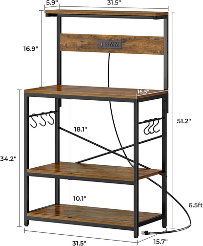 Bakers Rack with Power Outlets, 31.5x16.5 Inch Desktop, Adjustable Shelf, 6 Hooks, Rustic Brown