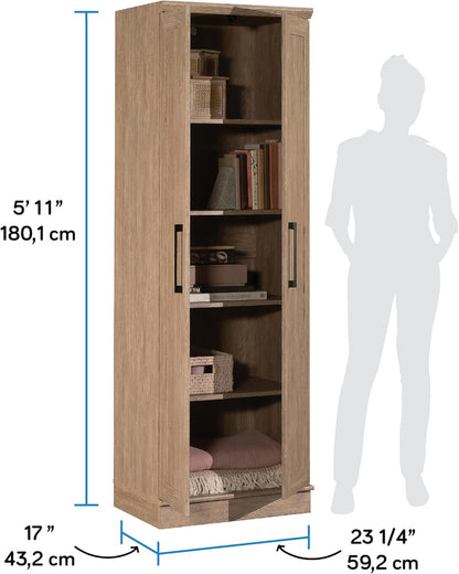 Kitchen Pantry Storage Cabinet with Adjustable Shelves, Brushed Oak Finish for Laundry and Bathroom