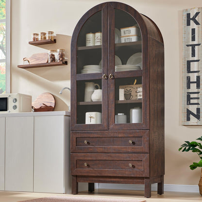 71" Brown Arched Kitchen Pantry Cabinet with 2 Drawers and Adjustable Shelves, Modern Farmhouse Storage for Kitchen, Dining, Bathroom