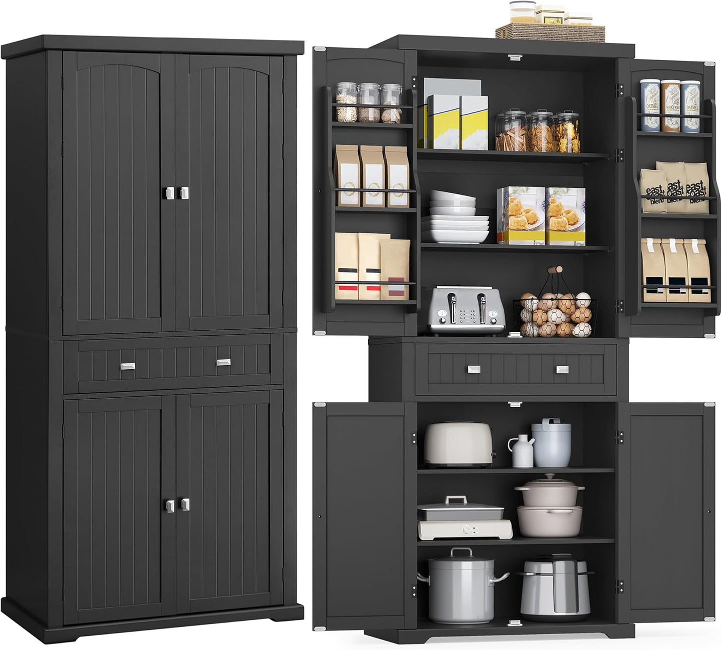 71.7" Ink Black Freestanding Pantry Cabinet with Drawer, 2 Cabinets, 4 Adjustable Shelves, 6 Door Shelves for Kitchen and Living Room