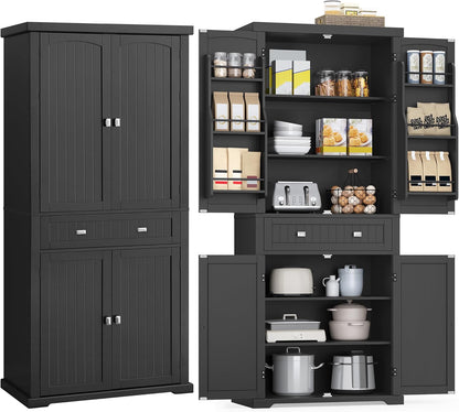 71.7" Ink Black Freestanding Pantry Cabinet with Drawer, 2 Cabinets, 4 Adjustable Shelves, 6 Door Shelves for Kitchen and Living Room