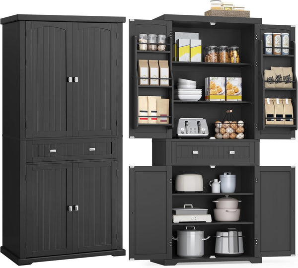 71.7" Ink Black Freestanding Pantry Cabinet with Drawer, 2 Cabinets, 4 Adjustable Shelves, 6 Door Shelves for Kitchen and Living Room
