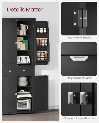 71.7" Ink Black Freestanding Pantry Cabinet with Drawer, 2 Cabinets, 4 Adjustable Shelves, 6 Door Shelves for Kitchen and Living Room