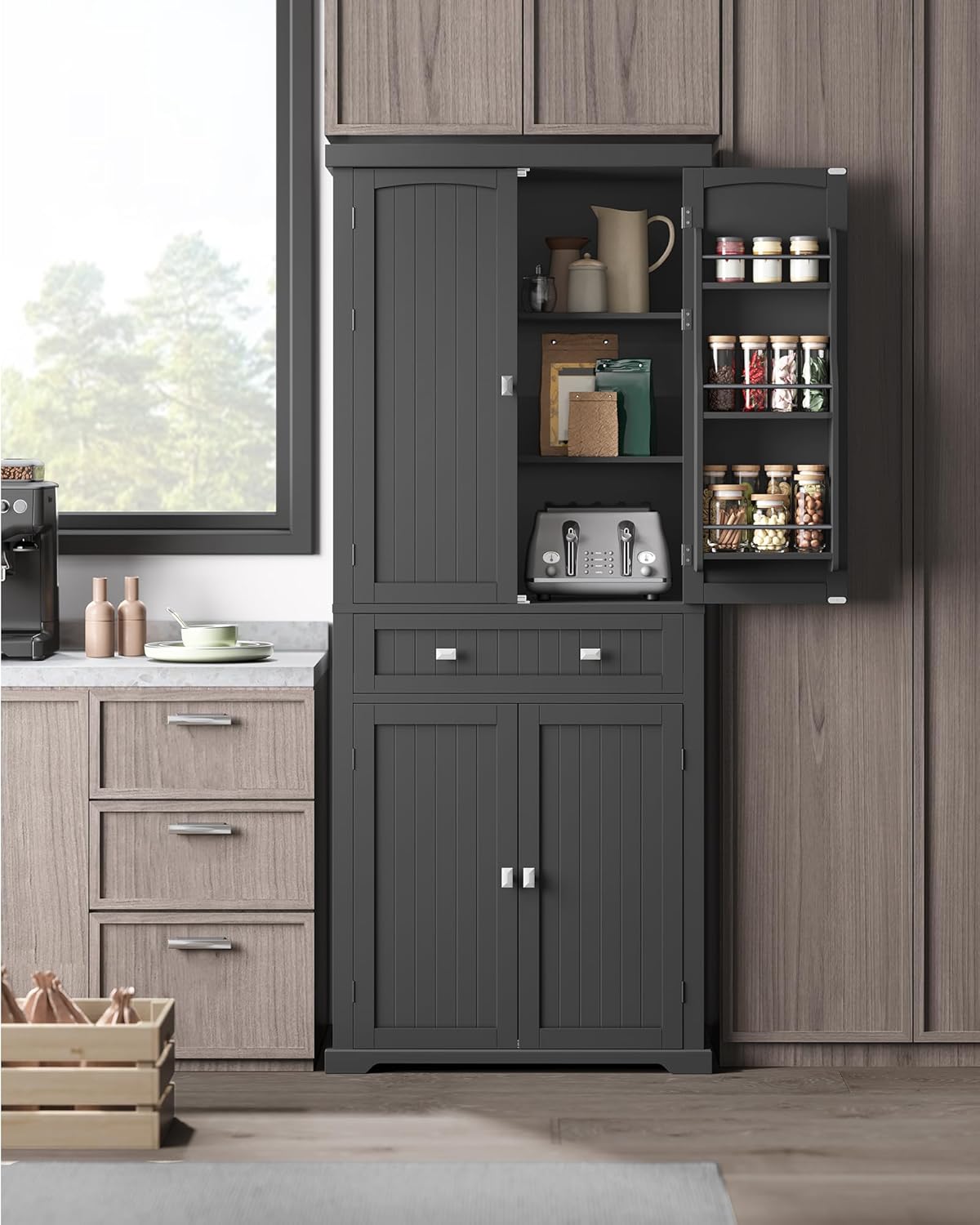 71.7" Ink Black Freestanding Pantry Cabinet with Drawer, 2 Cabinets, 4 Adjustable Shelves, 6 Door Shelves for Kitchen and Living Room