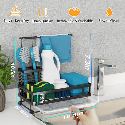 Dish Soap Dispenser and Kitchen Sink Organizer, 304 Stainless Steel with Brush Rack, Sponge Holder, and Drain-Pan Sink Caddy, Kitchen Gadget Gift