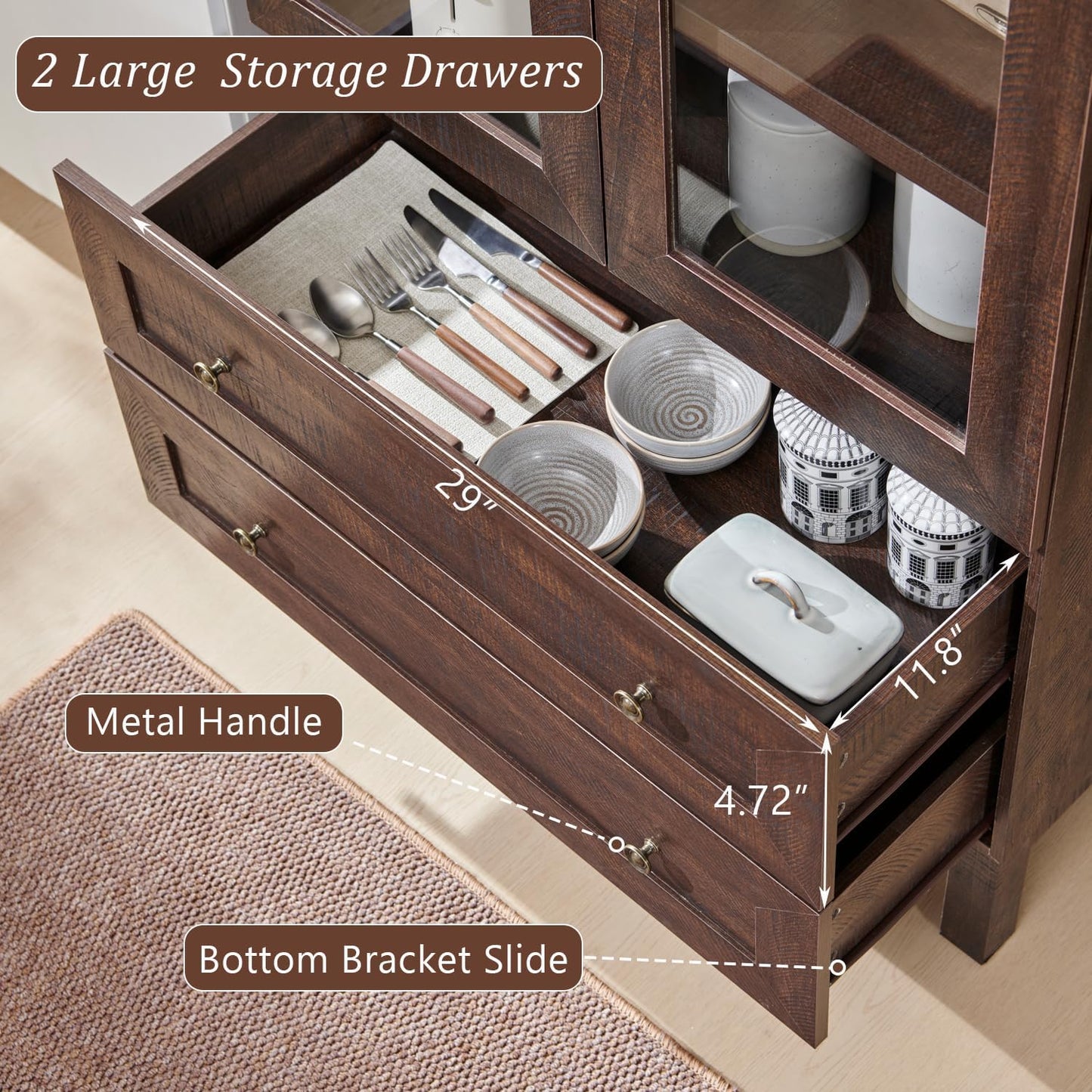 71" Brown Arched Kitchen Pantry Cabinet with 2 Drawers and Adjustable Shelves, Modern Farmhouse Storage for Kitchen, Dining, Bathroom