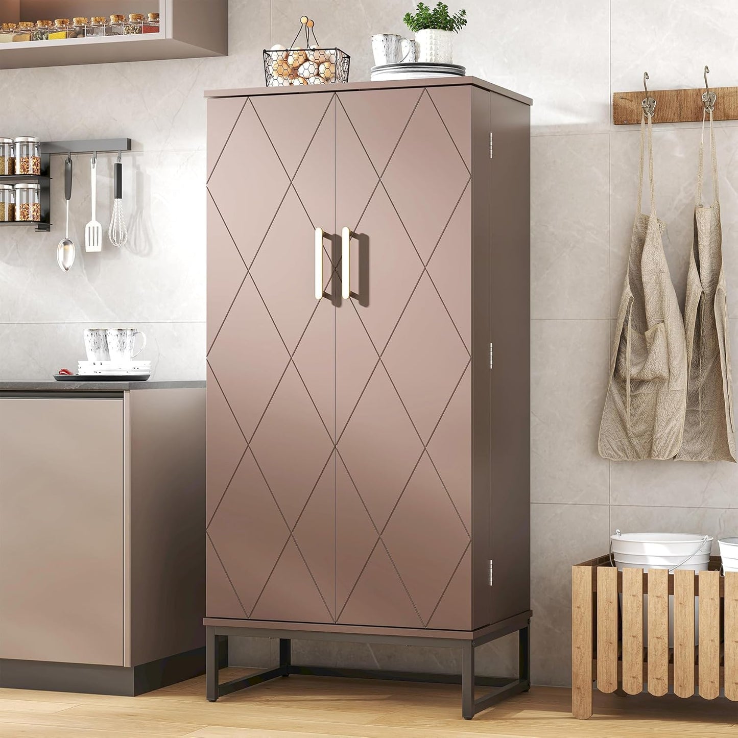 51" Brown Freestanding Pantry Cabinet with Adjustable Shelves, Buffet Storage Cupboard for Kitchen and Home Office