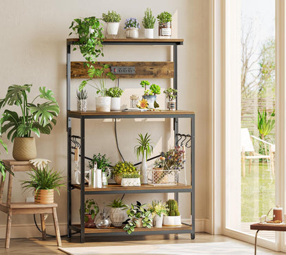 Bakers Rack with Power Outlets, 31.5x16.5 Inch Desktop, Adjustable Shelf, 6 Hooks, Rustic Brown