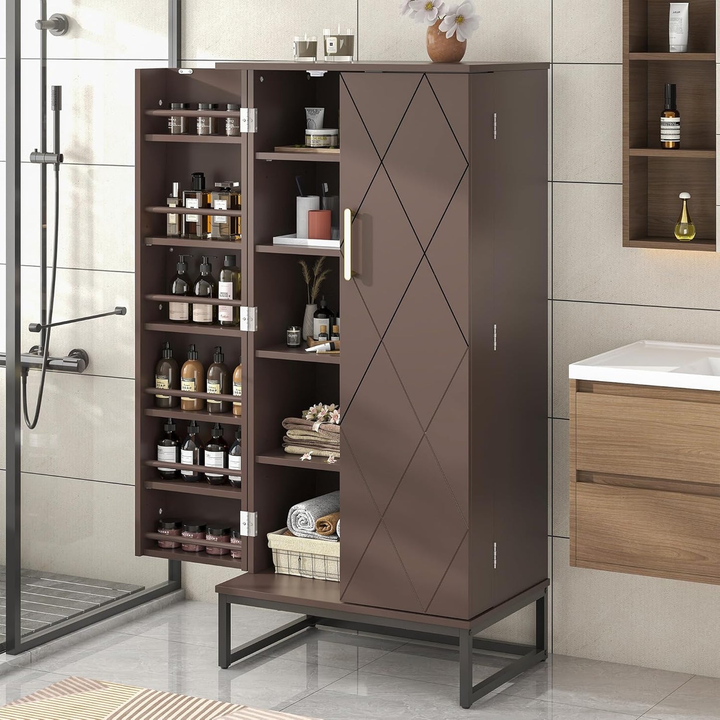 51" Brown Freestanding Pantry Cabinet with Adjustable Shelves, Buffet Storage Cupboard for Kitchen and Home Office