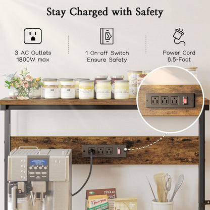 Bakers Rack with Power Outlets, 31.5x16.5 Inch Desktop, Adjustable Shelf, 6 Hooks, Rustic Brown