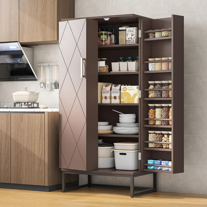 51" Brown Freestanding Pantry Cabinet with Adjustable Shelves, Buffet Storage Cupboard for Kitchen and Home Office