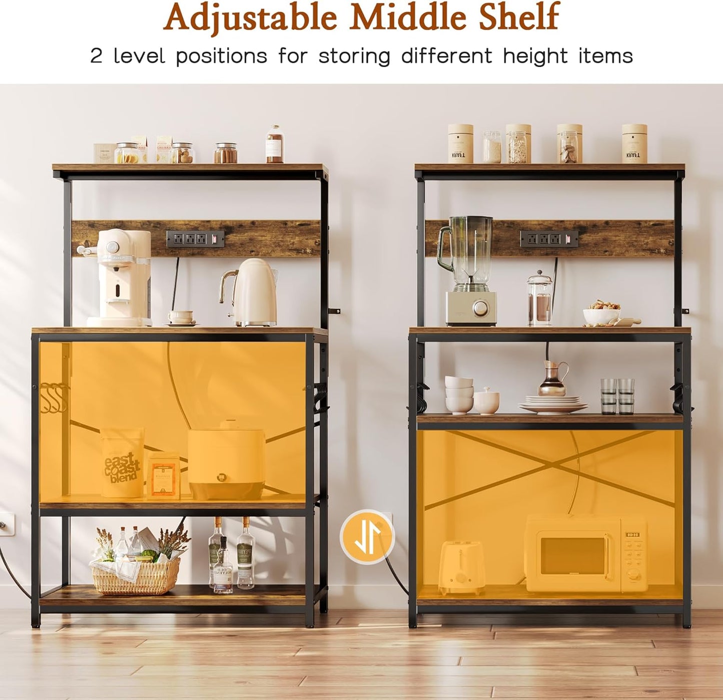 Bakers Rack with Power Outlets, 31.5x16.5 Inch Desktop, Adjustable Shelf, 6 Hooks, Rustic Brown