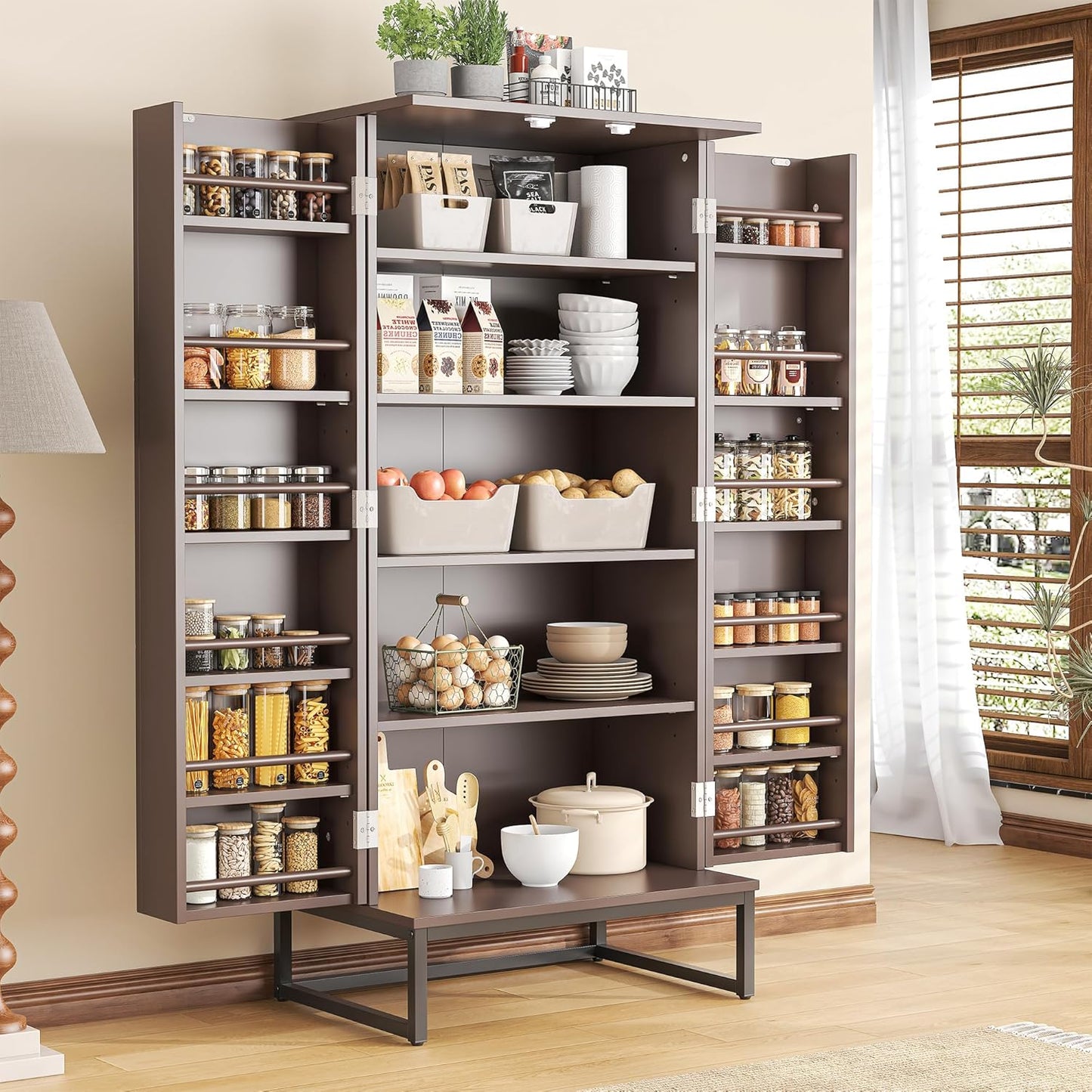 51" Brown Freestanding Pantry Cabinet with Adjustable Shelves, Buffet Storage Cupboard for Kitchen and Home Office