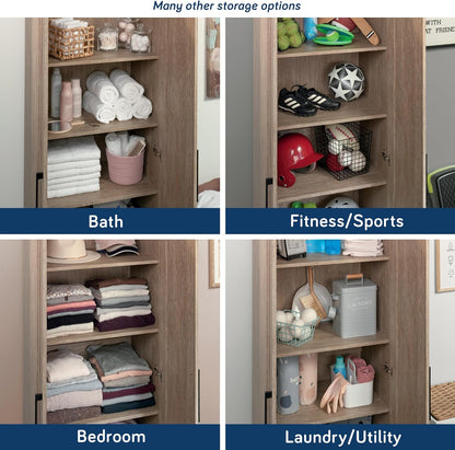 Kitchen Pantry Storage Cabinet with Adjustable Shelves, Brushed Oak Finish for Laundry and Bathroom