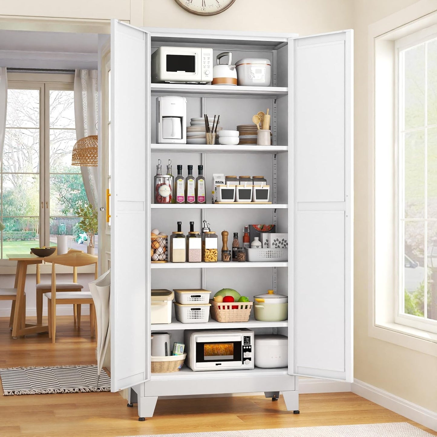75.2" Tall White Metal Pantry Cabinet with 2 Doors and 5 Adjustable Shelves for Kitchen, Dining Room, Living Room
