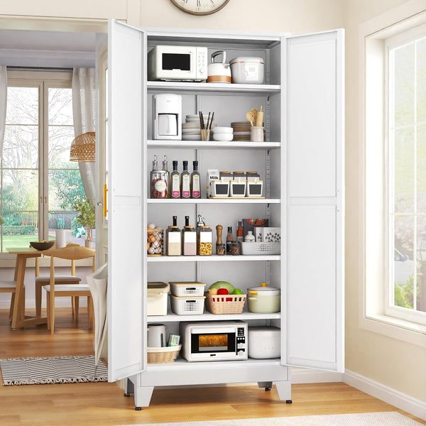 75.2" Tall White Metal Pantry Cabinet with 2 Doors and 5 Adjustable Shelves for Kitchen, Dining Room, Living Room