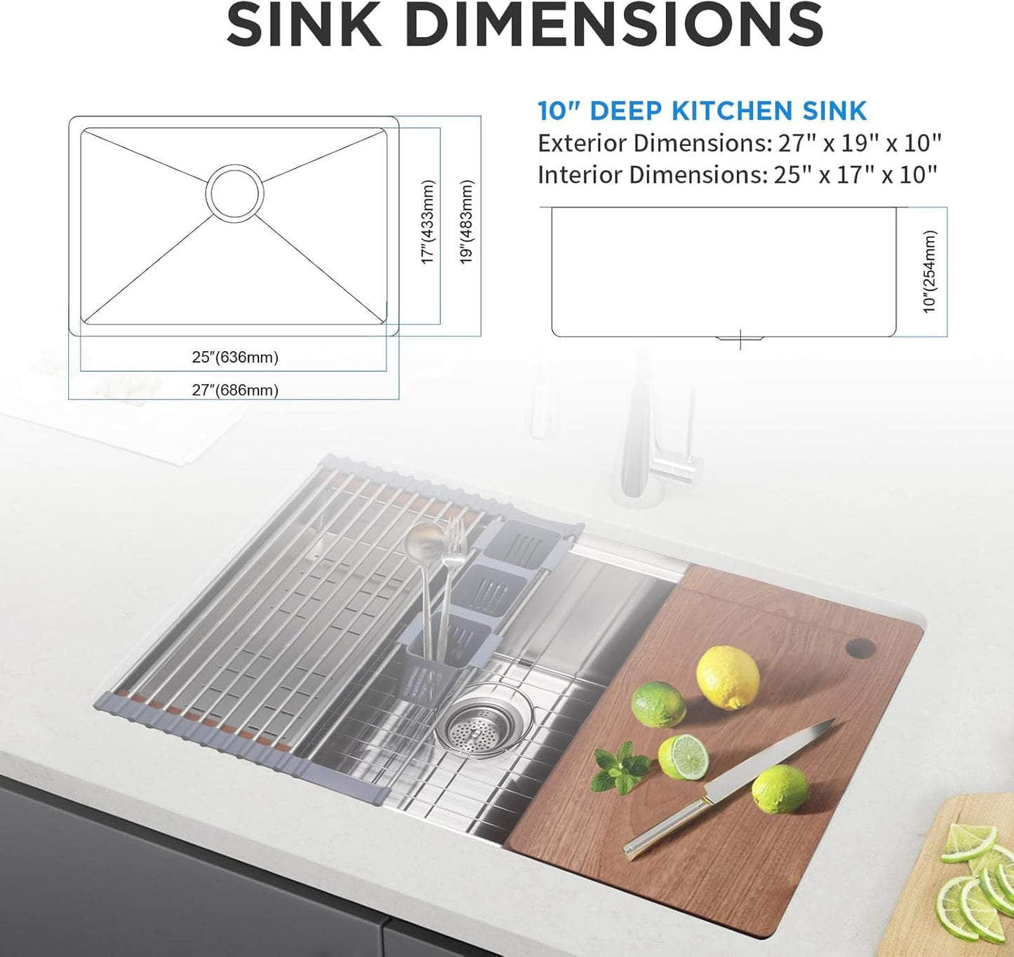 27-Inch Undermount Single Bowl Stainless Steel Kitchen Sink with Quiet Drain, 11-Gauge, Integrated Workstation Set