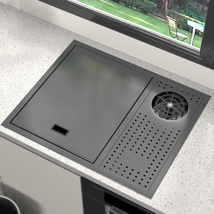 21.6x17.7-Inch Black Stainless Steel Slow Drop Bar Sink for Center Island, Motor Home, Western Style Countertop with Rotating Folding Faucet and Press Cup Washer