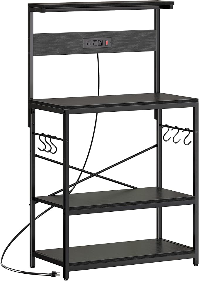 Bakers Rack with Power Outlets, 31.5x16.5 Inch Desktop, Adjustable Shelf, 6 Hooks, Rustic Brown
