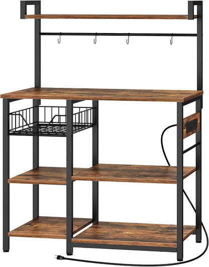 Kitchen Bakers Rack with Power Outlet, Microwave Stand, Mesh Basket, 4 Hooks, Coffee Station, Black