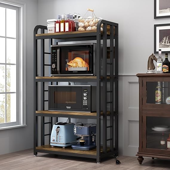 4-Tier Bakers Rack with Power Outlet, Microwave Stand, Freestanding Kitchen Storage Rack, Coffee Bar, Black