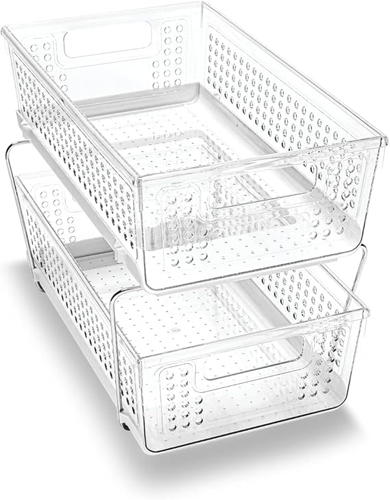 2-Tier Plastic Multipurpose Organizer with Divided Slide-Out Storage Bins, Under-Sink and Cabinet Rack, Frost
