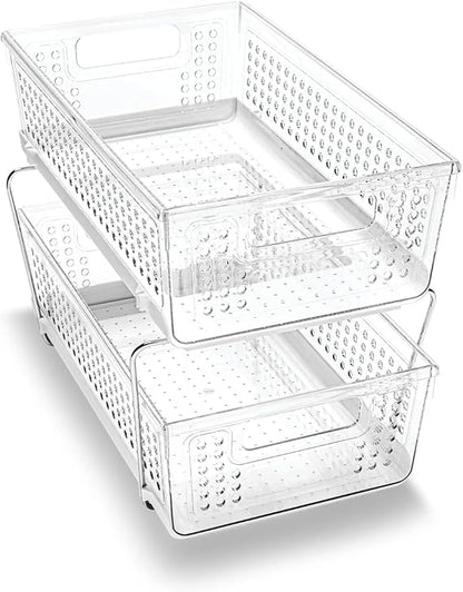 2-Tier Plastic Multipurpose Organizer with Divided Slide-Out Storage Bins, Under-Sink and Cabinet Rack, Frost