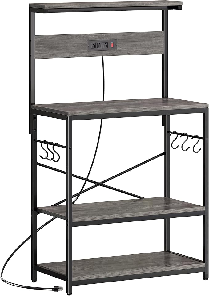 Bakers Rack with Power Outlets, 31.5x16.5 Inch Desktop, Adjustable Shelf, 6 Hooks, Rustic Brown