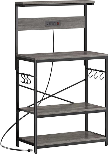 Bakers Rack with Power Outlets, 31.5x16.5 Inch Desktop, Adjustable Shelf, 6 Hooks, Rustic Brown