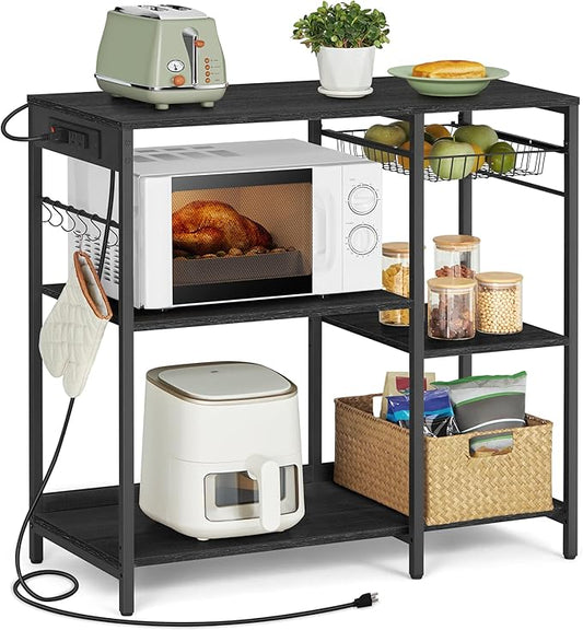 Baker's Rack Coffee Bar Stand with Charging Station, Storage Shelves, Pull-Out Wire Basket, Microwave Table, Kitchen, 15.7x35.4x35.6 Inches, Rustic Brown