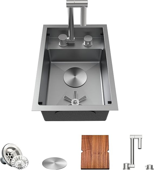 12x17-Inch Undermount Bar RV Kitchen Sink, Premium Stainless Steel with Hideaway Faucet and Cup Rinser, Dark Grey