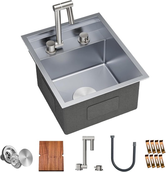 15x18x9-Inch Undermount Bar Kitchen Sink, 16-Gauge Stainless Steel Single Bowl Workstation with Faucet and Cutting Board, Dark Grey