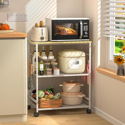 3-Tier Rolling Kitchen Microwave Cart with Storage, Utility Cart on Lockable Wheels, Coffee Cart Shelf Organizer for Living Room, Office, Balcony