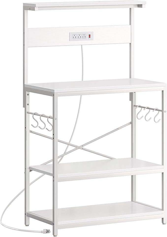 Bakers Rack with Power Outlets, 31.5x16.5 Inch Desktop, Adjustable Shelf, 6 Hooks, Rustic Brown