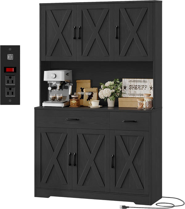 71" White Pantry Cabinet with Charging Station, Microwave Stand, Storage Drawers, Farmhouse Hutch for Kitchen, Dining, Living Room