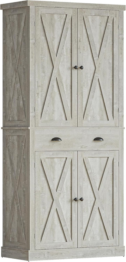 72.6" White Kitchen Pantry Cabinet with Barn Doors, Drawer, 4 Adjustable Shelves, Freestanding Cupboard for Laundry