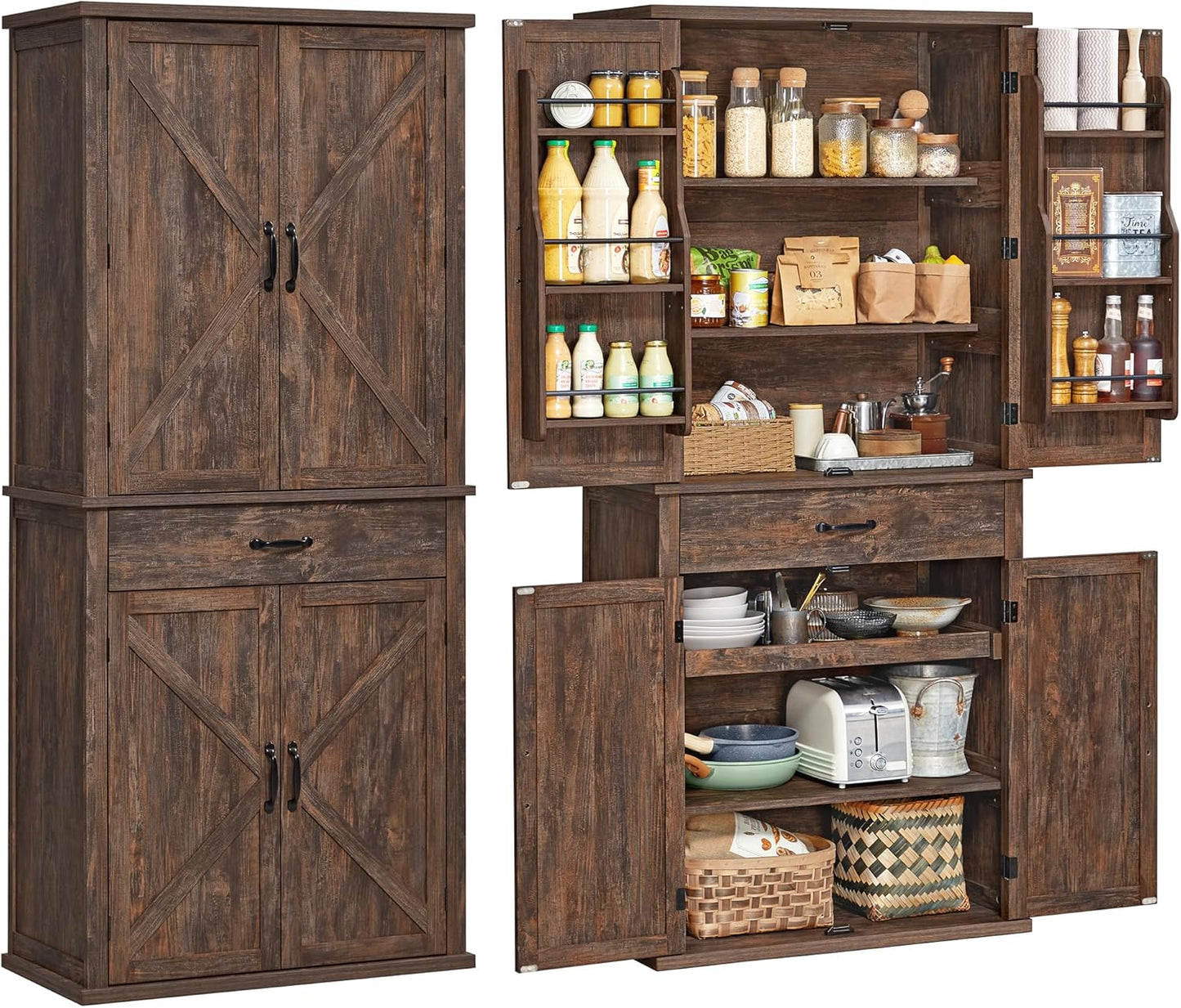 71.7" Ink Black Freestanding Pantry Cabinet with Drawer, 2 Cabinets, 4 Adjustable Shelves, 6 Door Shelves for Kitchen and Living Room