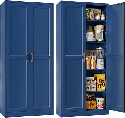 60" White Metal Pantry Cabinet with 2 Doors, Gold Handles, Adjustable Shelves, Freestanding Kitchen and Living Room Storage