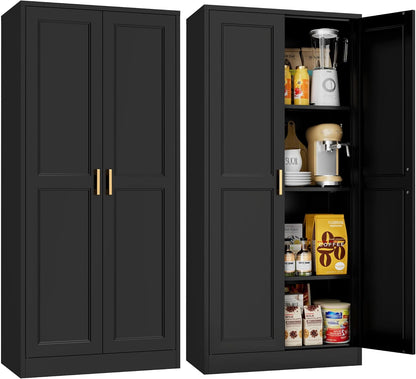 60" White Metal Pantry Cabinet with 2 Doors, Gold Handles, Adjustable Shelves, Freestanding Kitchen and Living Room Storage