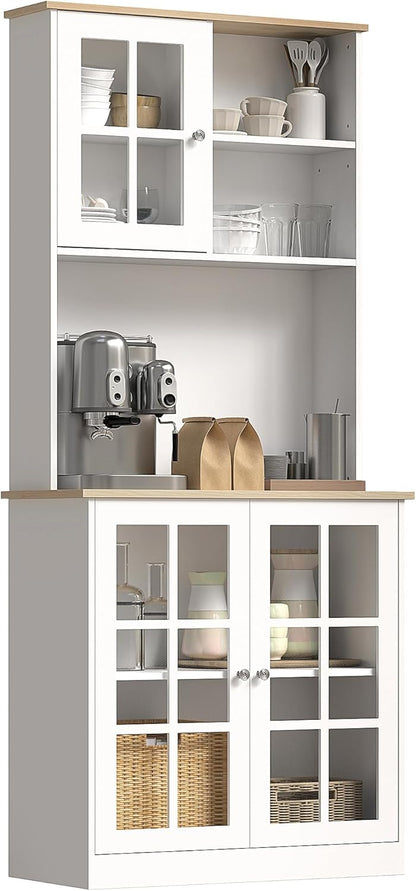 72" Black Freestanding Kitchen Pantry Cabinet with Hutch, Glass Doors, Large Countertop, Adjustable Shelves for Dining Room