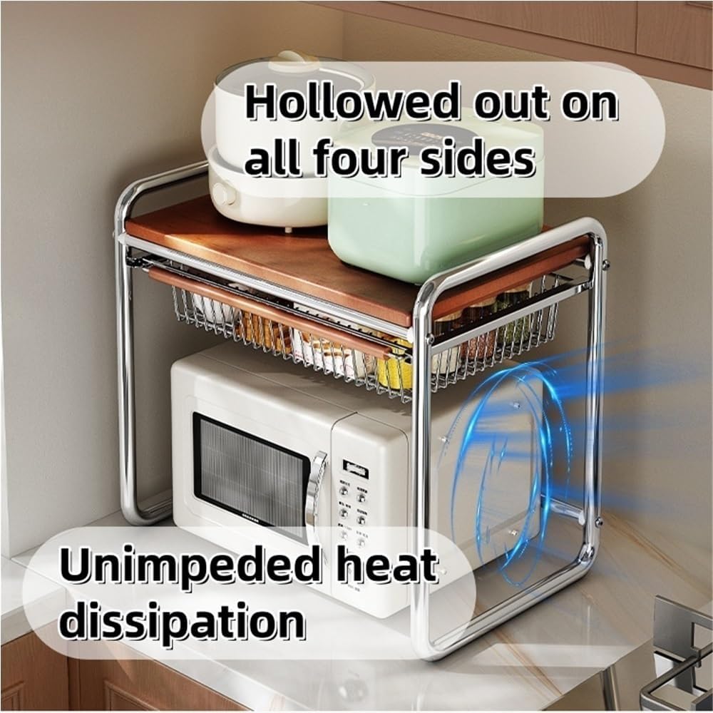 Metal Microwave Stand with Storage, Kitchen Countertop Rack with Pull-Out Basket, Multifunctional Microwave Shelf