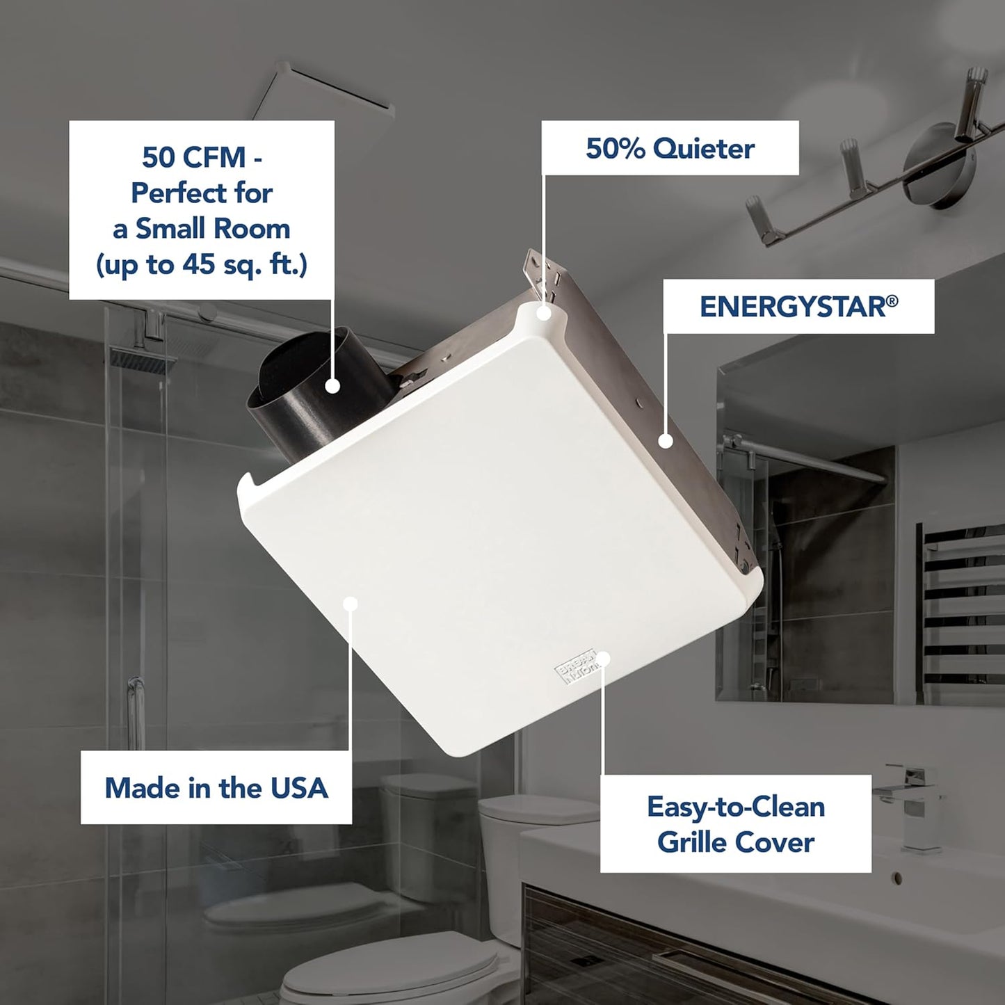 Bathroom Exhaust Fan, 50CFM Energy Star, 2.0 Sones