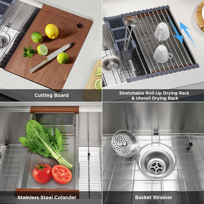 27-Inch Undermount Single Bowl Stainless Steel Kitchen Sink with Quiet Drain, 11-Gauge, Integrated Workstation Set