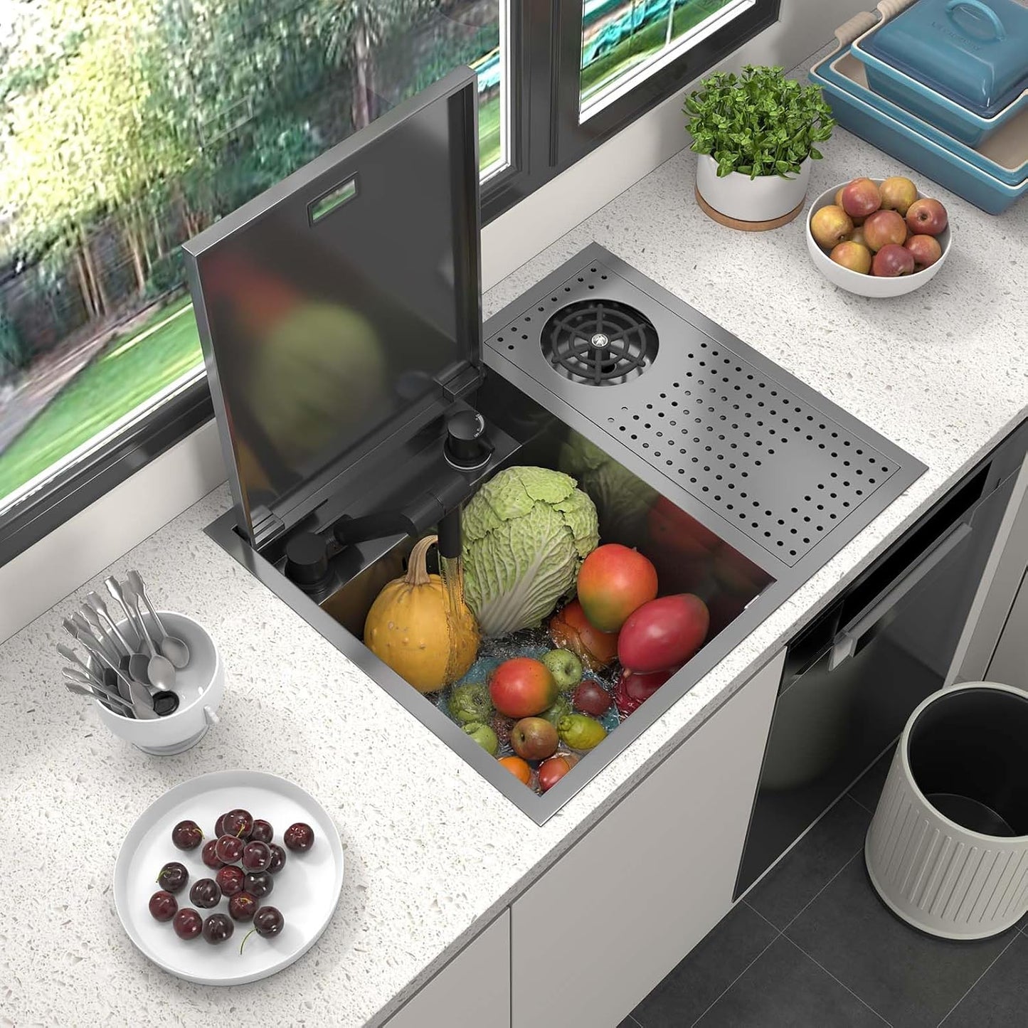 21.6x17.7-Inch Black Stainless Steel Slow Drop Bar Sink for Center Island, Motor Home, Western Style Countertop with Rotating Folding Faucet and Press Cup Washer